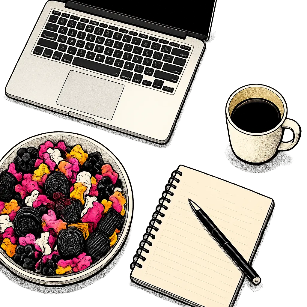 Swedish candy wholesale - laptop, coffee, notebook and colorful candy bowl