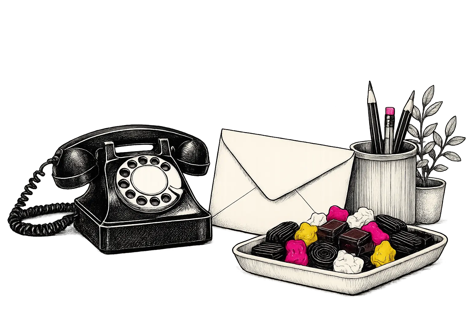 A vintage telephone, an envelope and a tray of Swedish candy